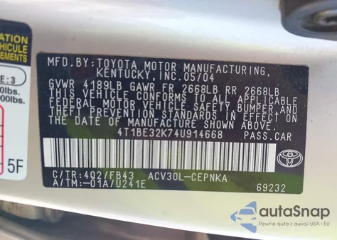 2004 Toyota Camry Le из США, поврежденный, VIN 4T1BE32K74U914668